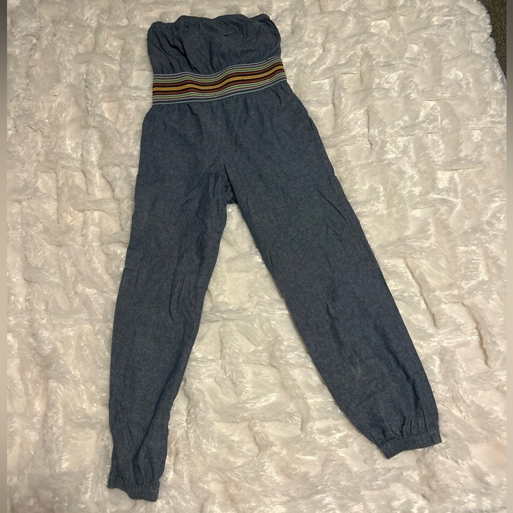 Body Central Blue Chambray Strapless Jumpsuit with Multicolor 🌈Striped Waistband